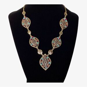 Lonna & Lilly Gold Tone Statement Necklace Multicolor Open Weave Beaded Leaves